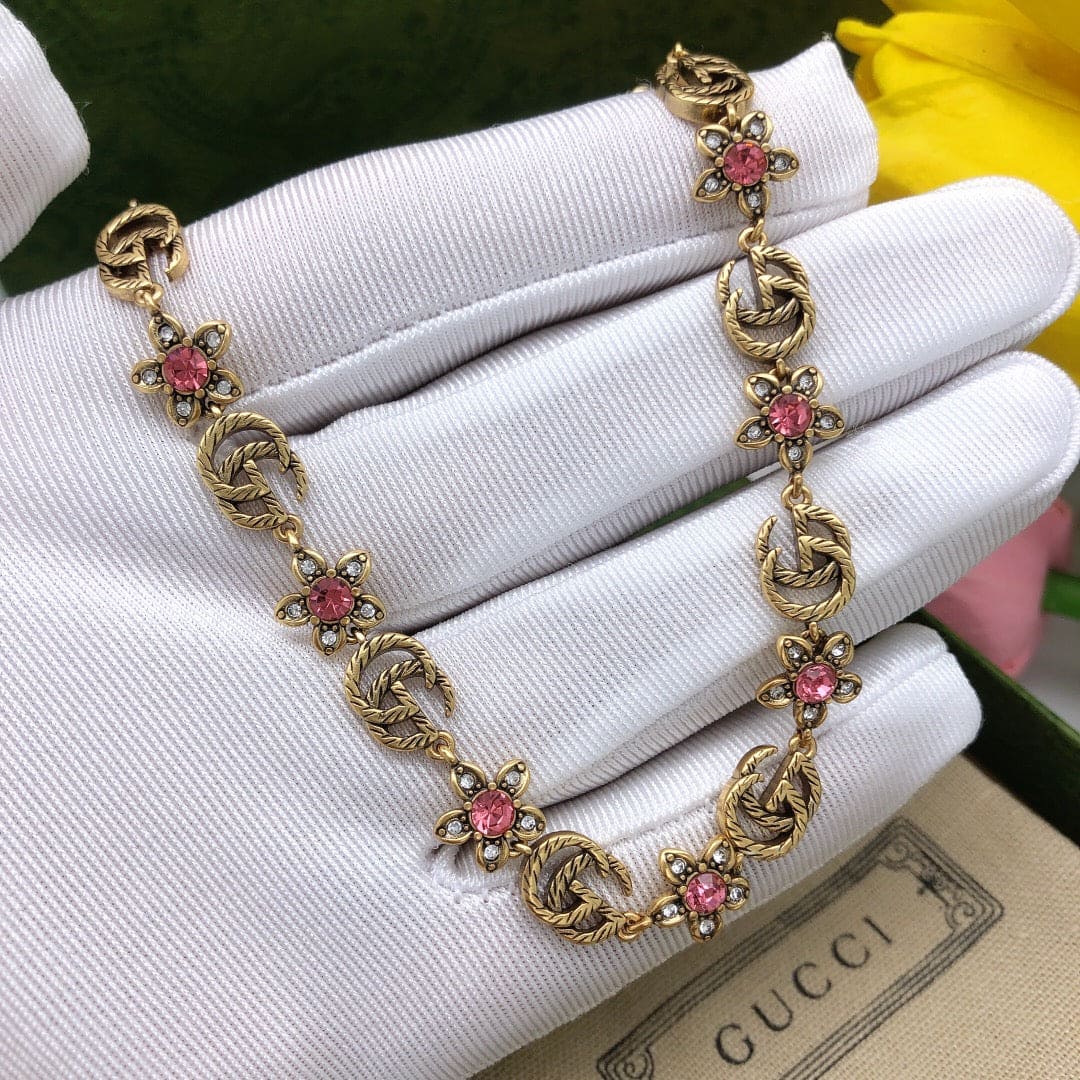 18K Gucci Double Interlocking Gucci Red Flowers Necklace