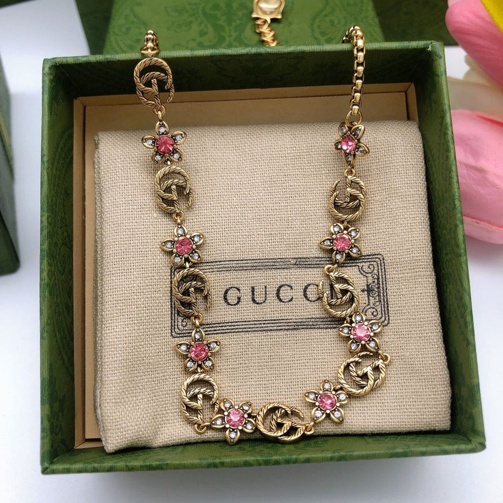 18K Gucci Double Interlocking Gucci Red Flowers Necklace