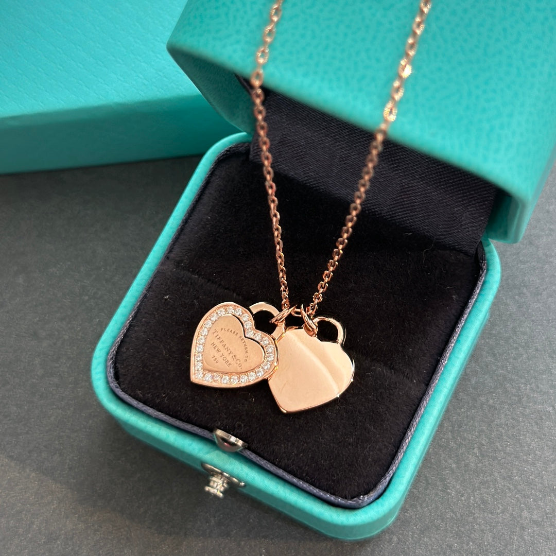18K Tiffany Red Double Heart Diamond Necklace