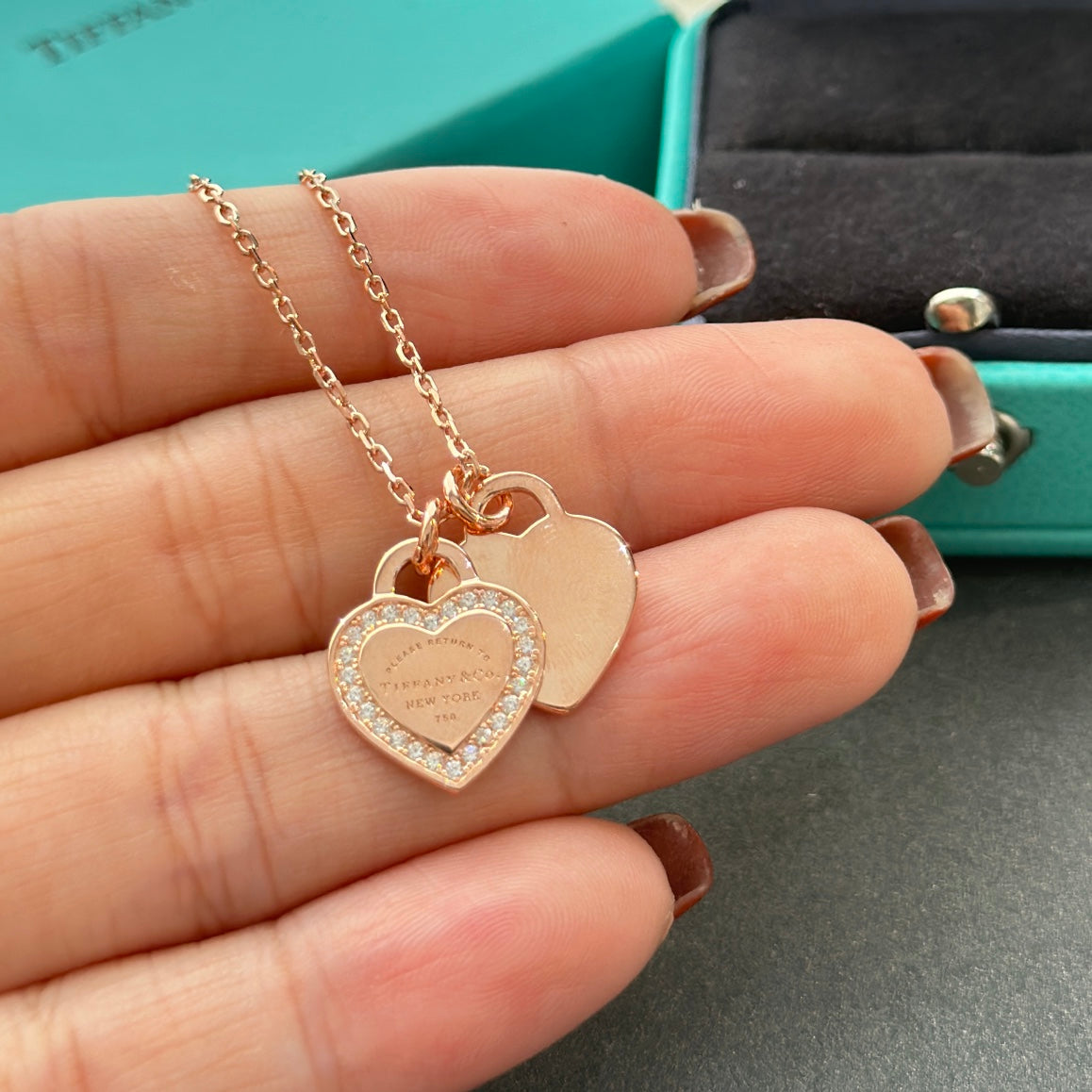 18K Tiffany Red Double Heart Diamond Necklace