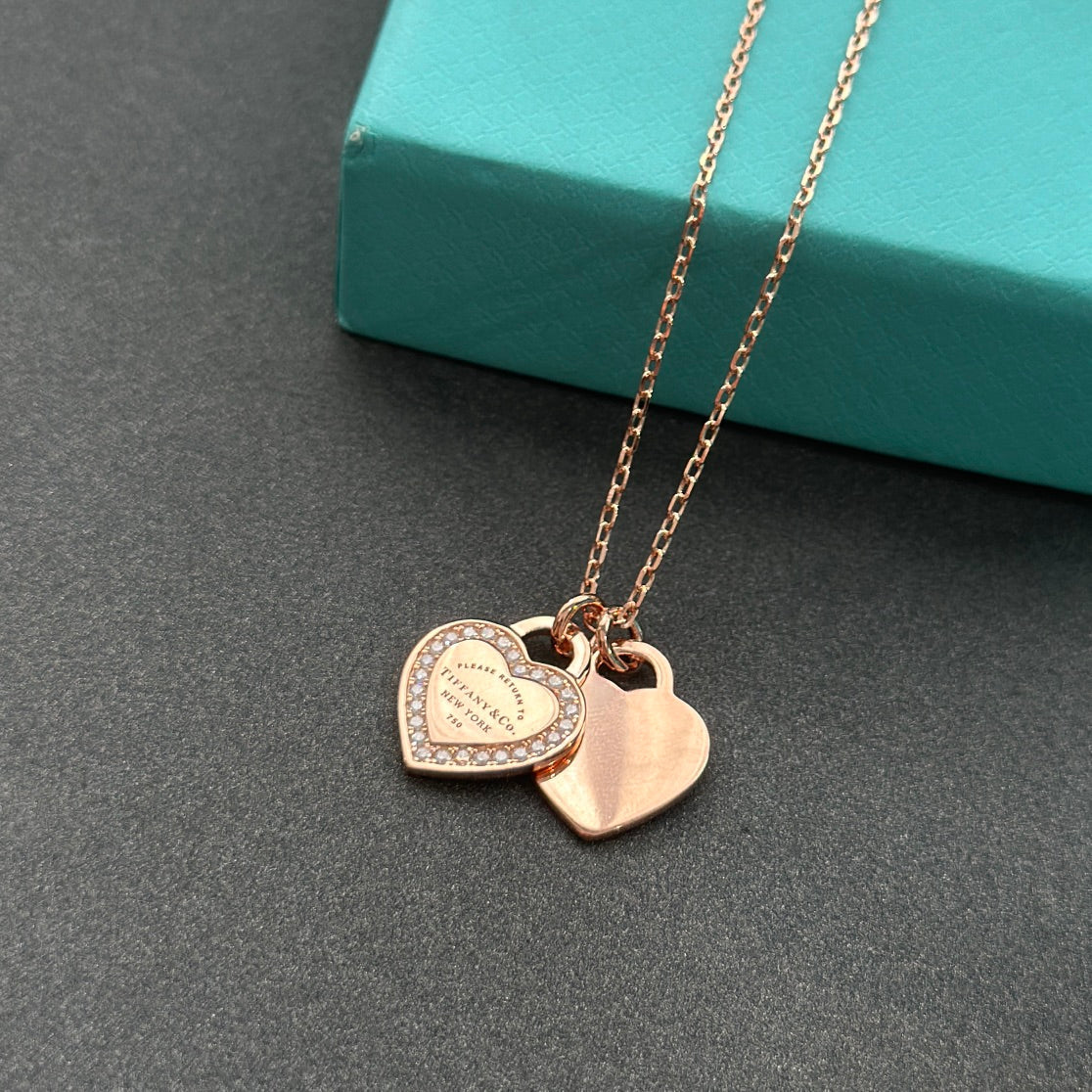 18K Tiffany Red Double Heart Diamond Necklace