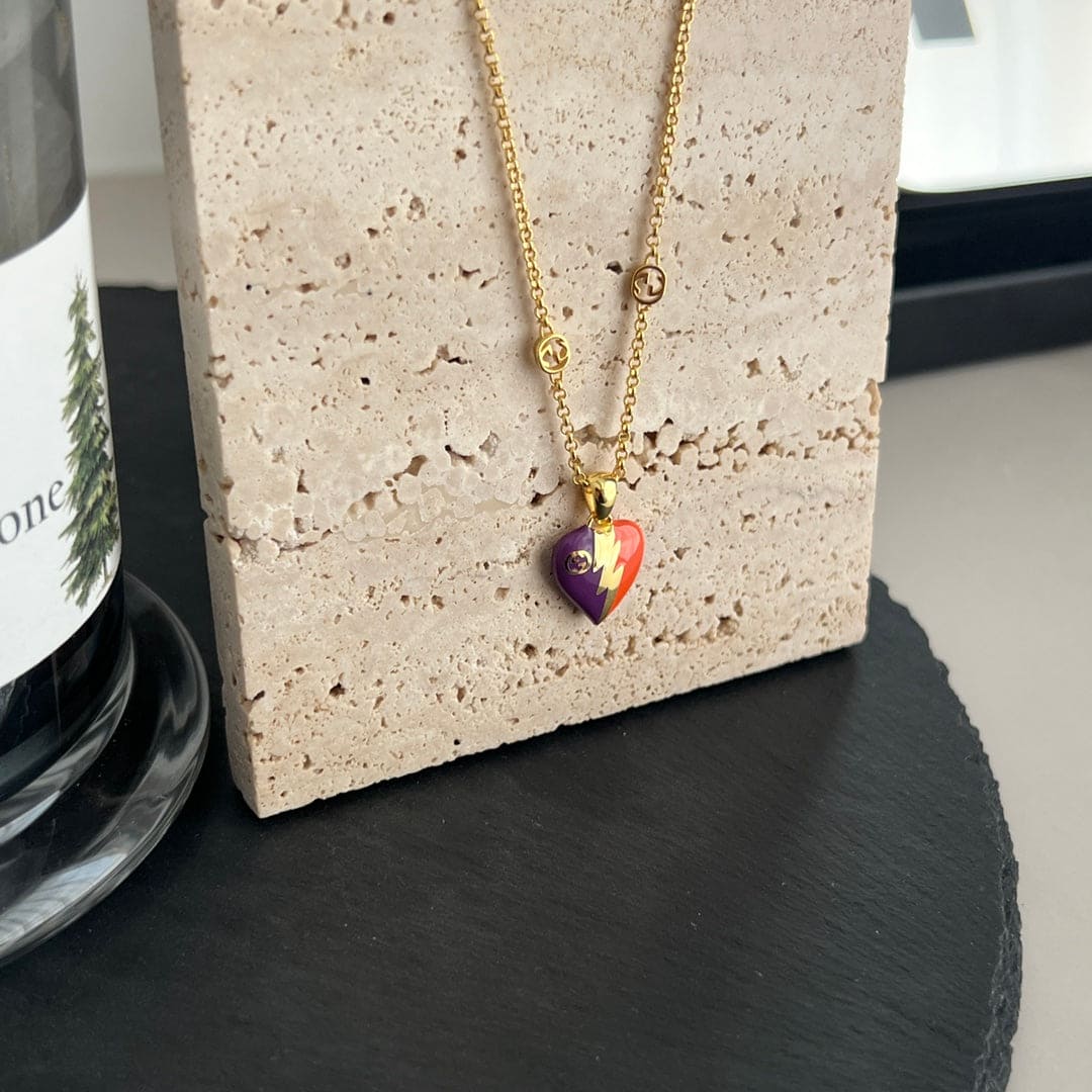 18K Gucci Double Interlocking Gucci Heart Lightning Charm Necklace