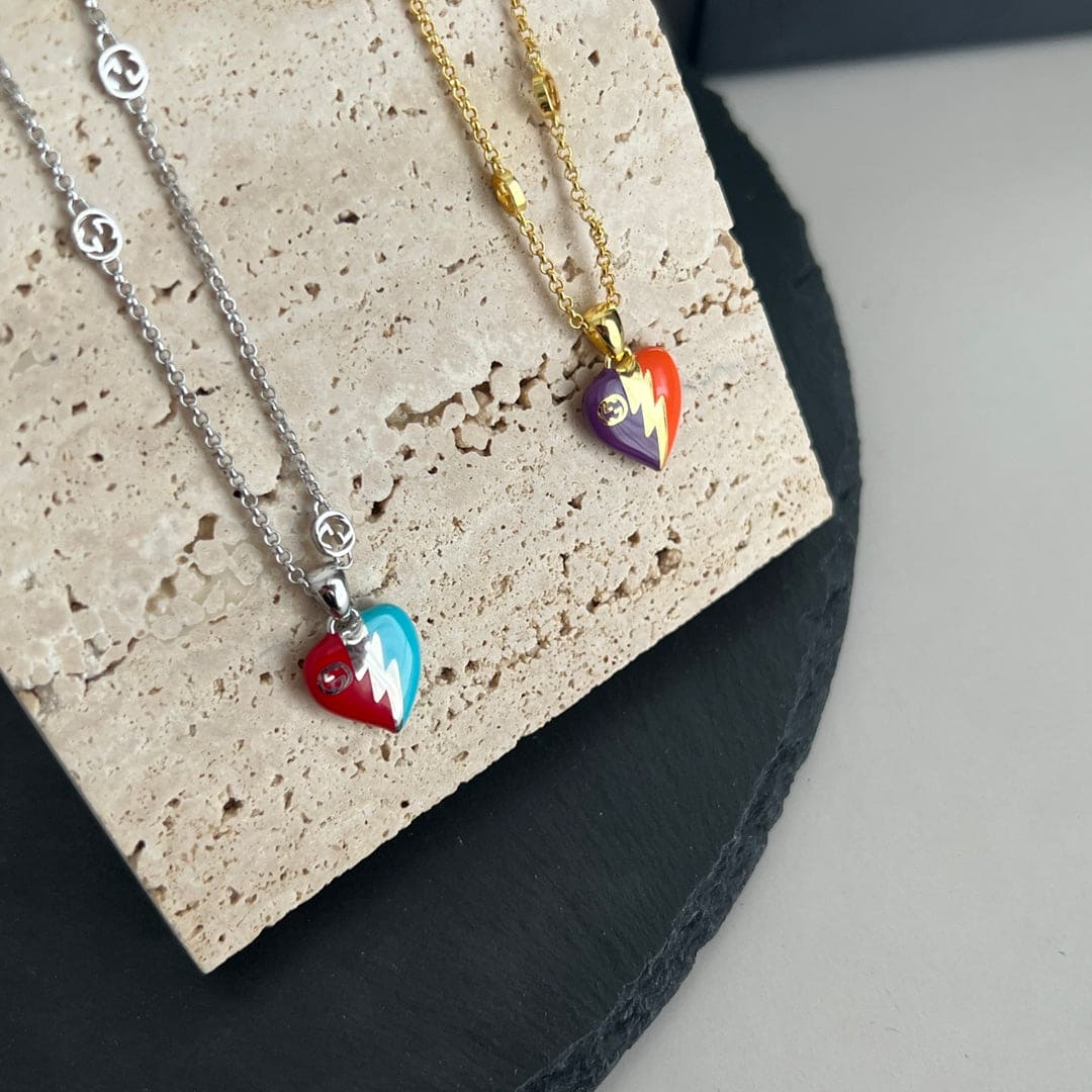 18K Gucci Double Interlocking Gucci Heart Lightning Charm Necklace