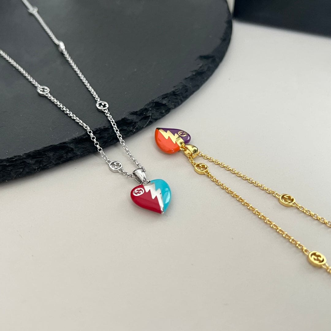 18K Gucci Double Interlocking Gucci Heart Lightning Charm Necklace