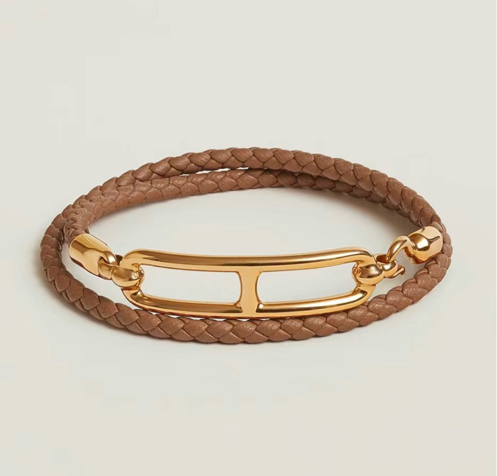 18K Hermes Roulis Double Tour Brown Bracelet