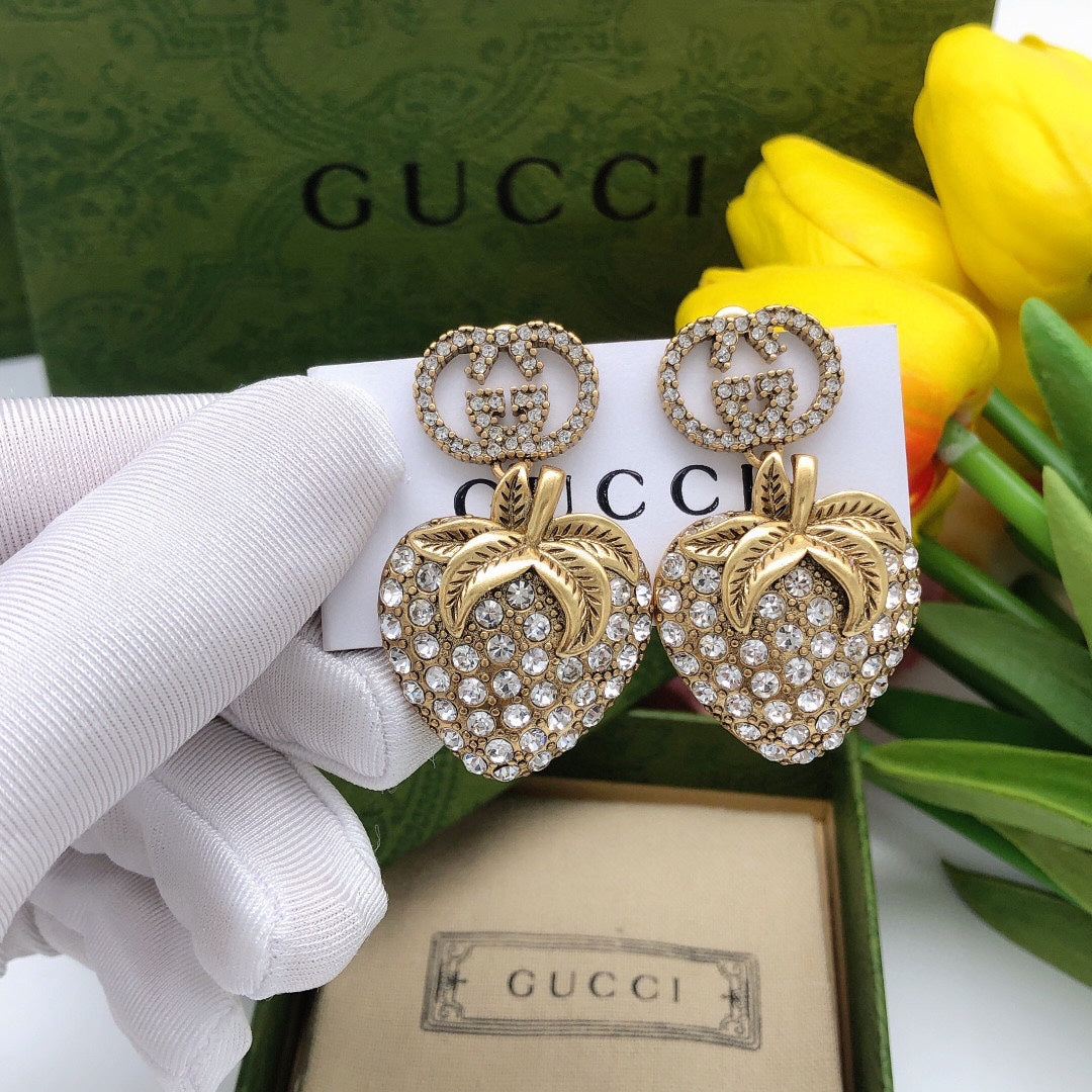 18K Gucci Double Crystal Strawberry Pendant Earrings