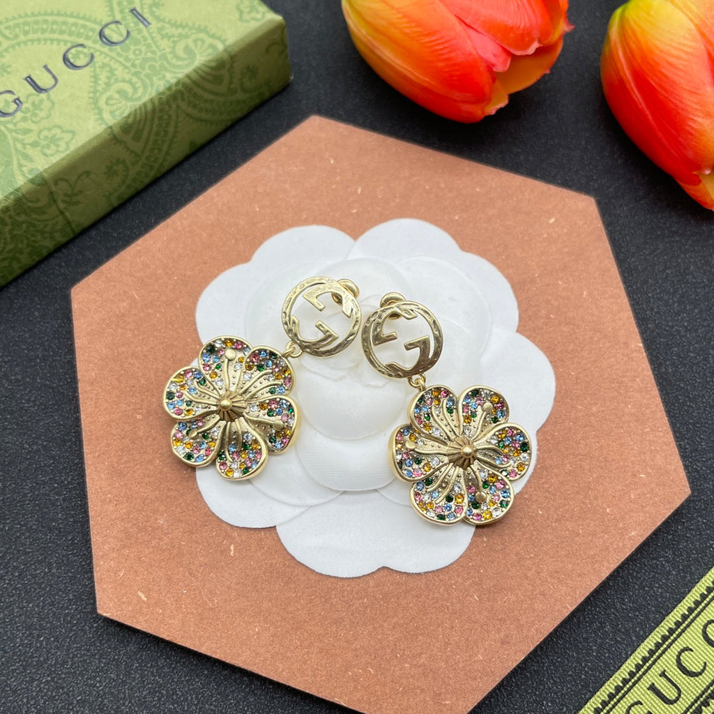 18K Gucci Double Color Crystals Flower Earrings