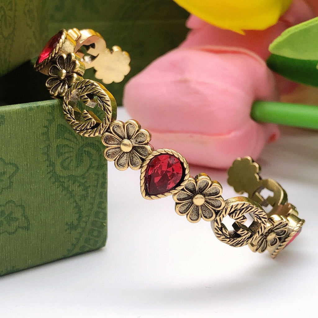 18K Gucci Double Flowers Red Crystals Open Cuff Bracelet