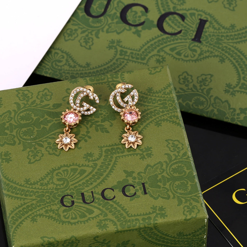 18K Gucci Double Flower Crystal Earrings