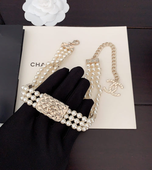 18K Chanel Bag Pearls Chain Necklace