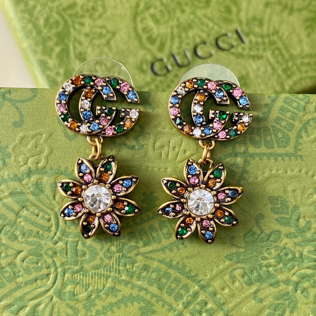 18K Gucci Double Flower Pendant Earrings