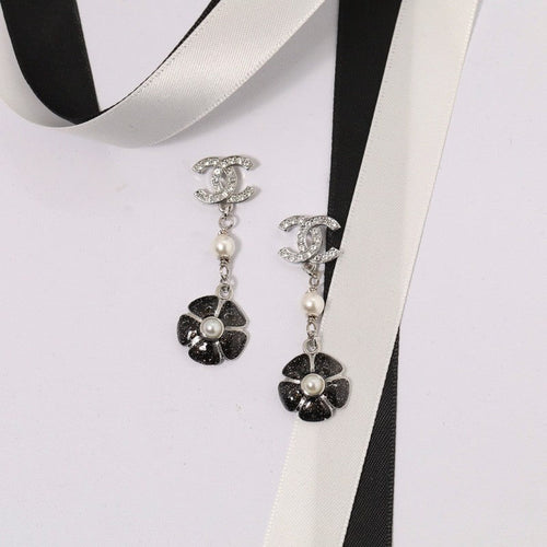 18K Chanel Black & Pink Camellia Diamond Long Earrings