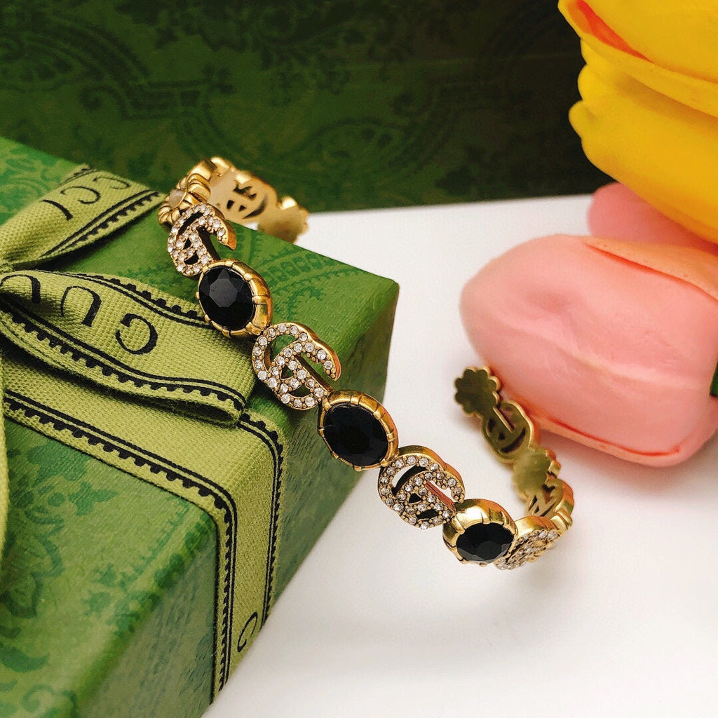 18K Gucci Double Flowers Black Crystals Open Cuff Bracelet