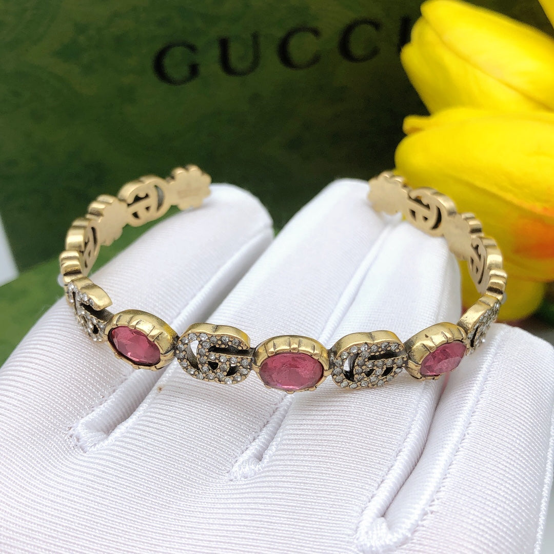 18K Gucci Double Red Crystals Open Cuff Bracelet