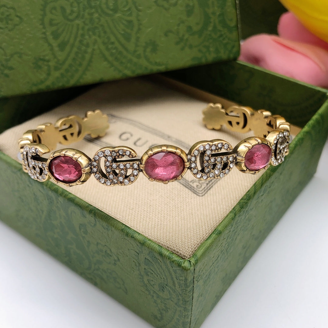 18K Gucci Double Red Crystals Open Cuff Bracelet