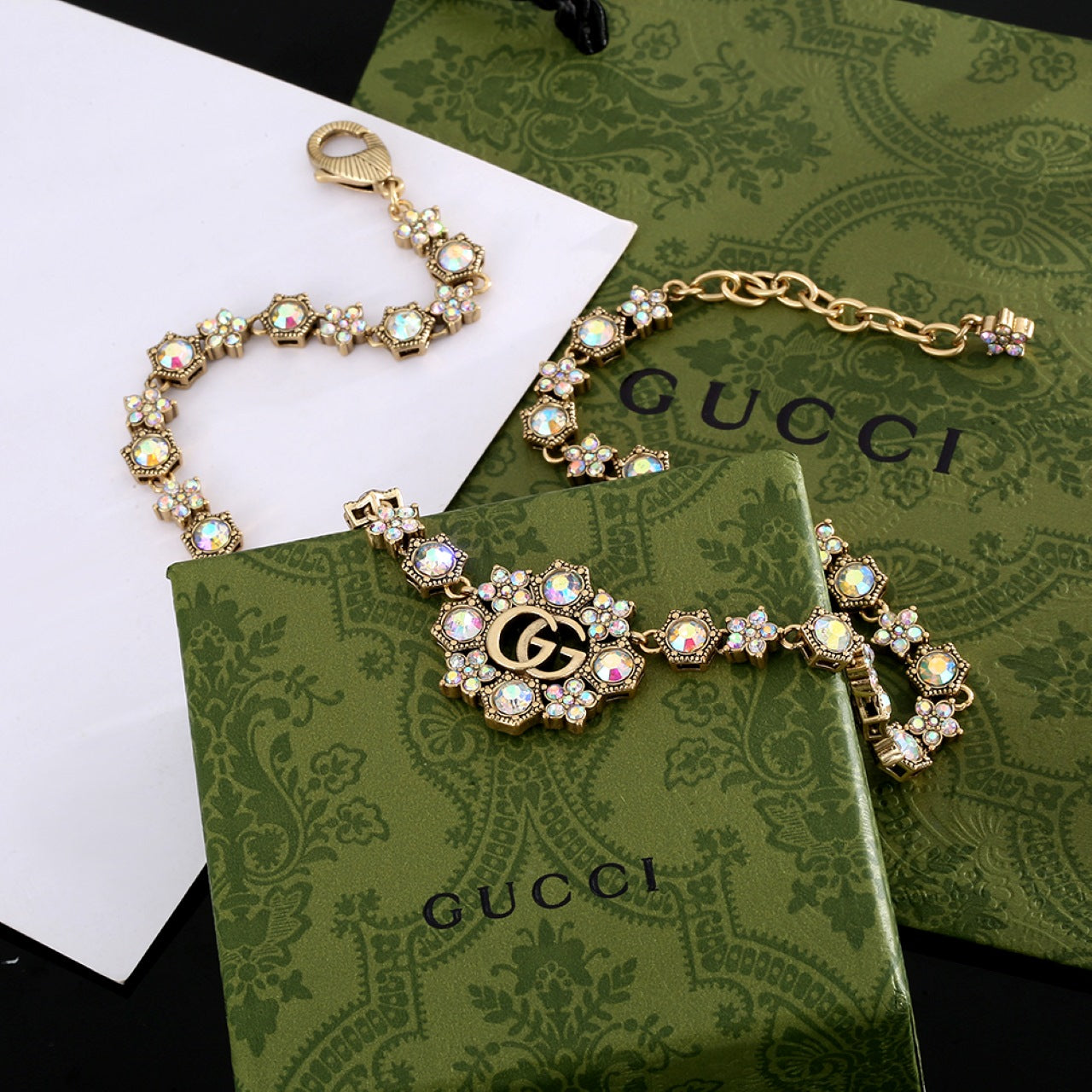 18K Gucci Double Crystals Chain Choker Necklace