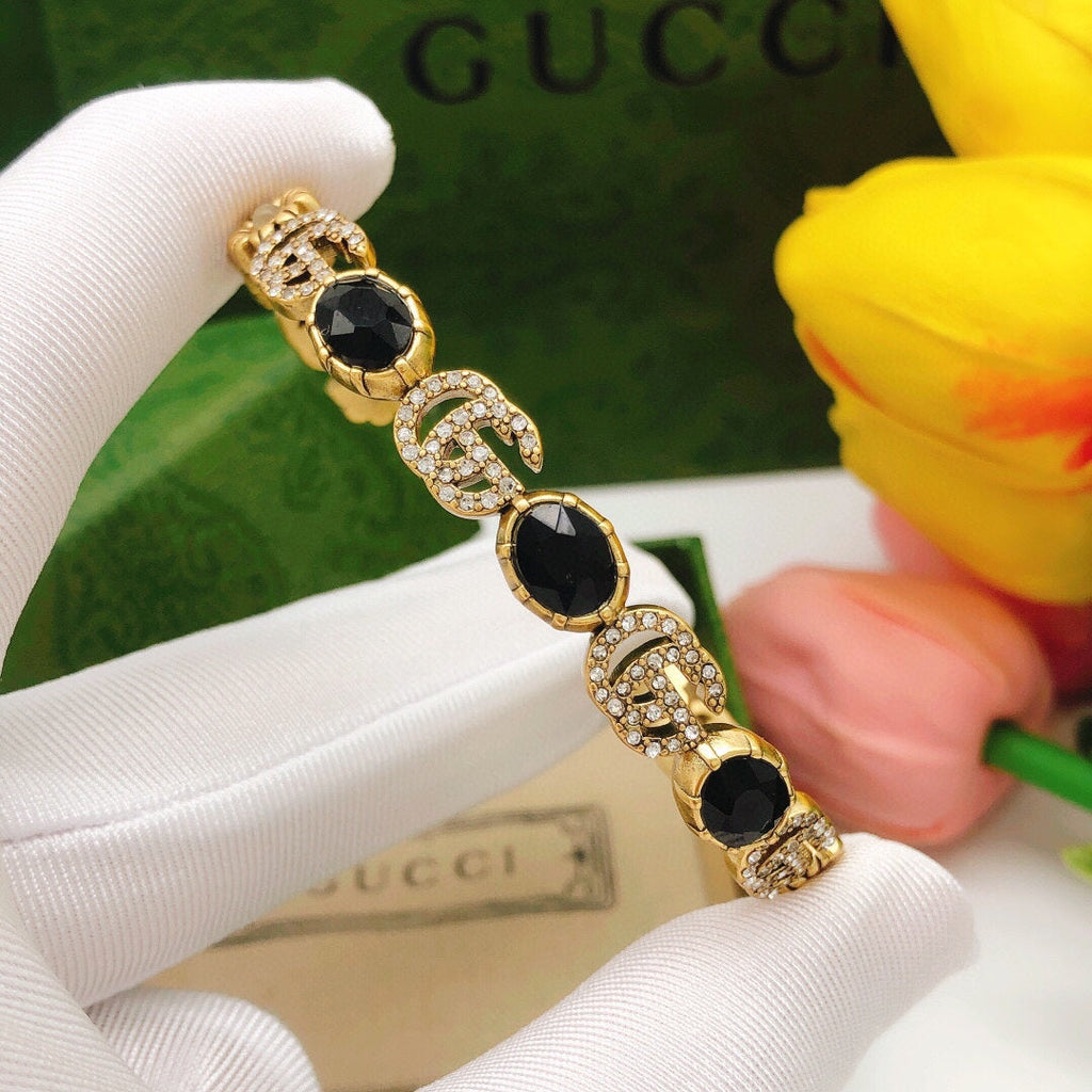18K Gucci Double Flowers Black Crystals Open Cuff Bracelet