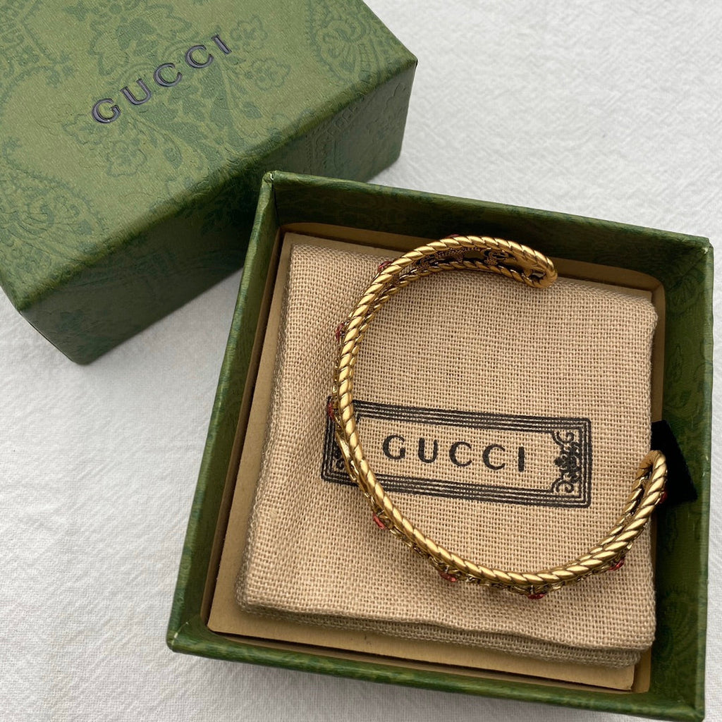 18K Gucci Double Red Crystal Flower Cuff Bracelet
