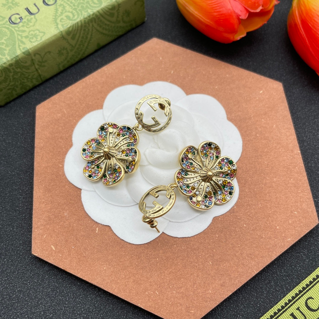 18K Gucci Double Color Crystals Flower Earrings