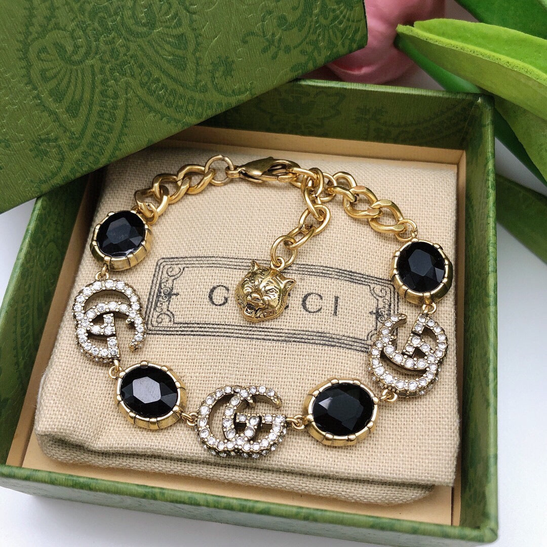 18K Gucci Double Black Stones Chain Bracelet