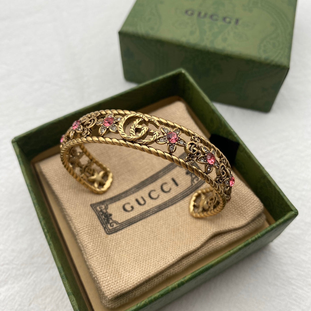 18K Gucci Double Red Crystal Flower Cuff Bracelet