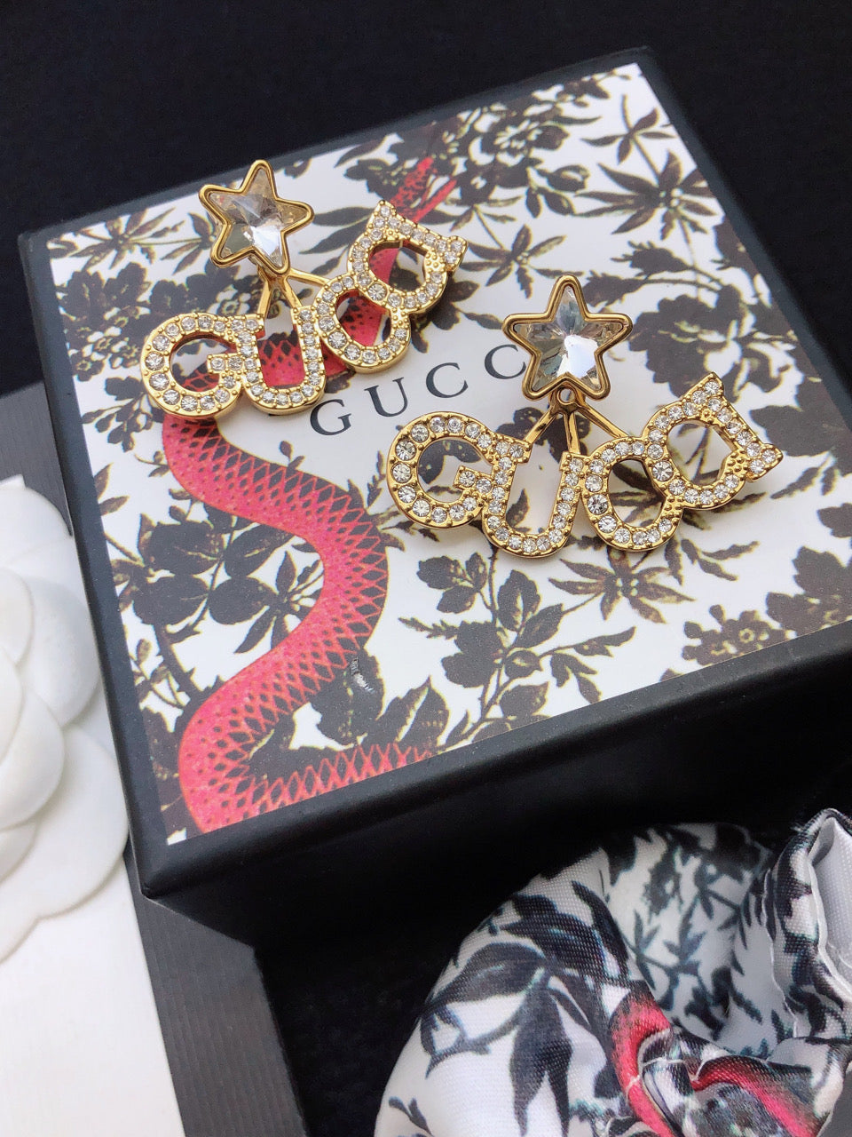 18K Gucci Double Script Star Earrings