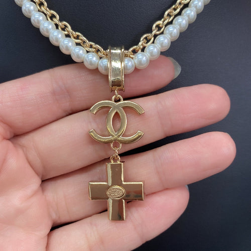 18K Chanel Cross Diamond Pearl Chain Necklace