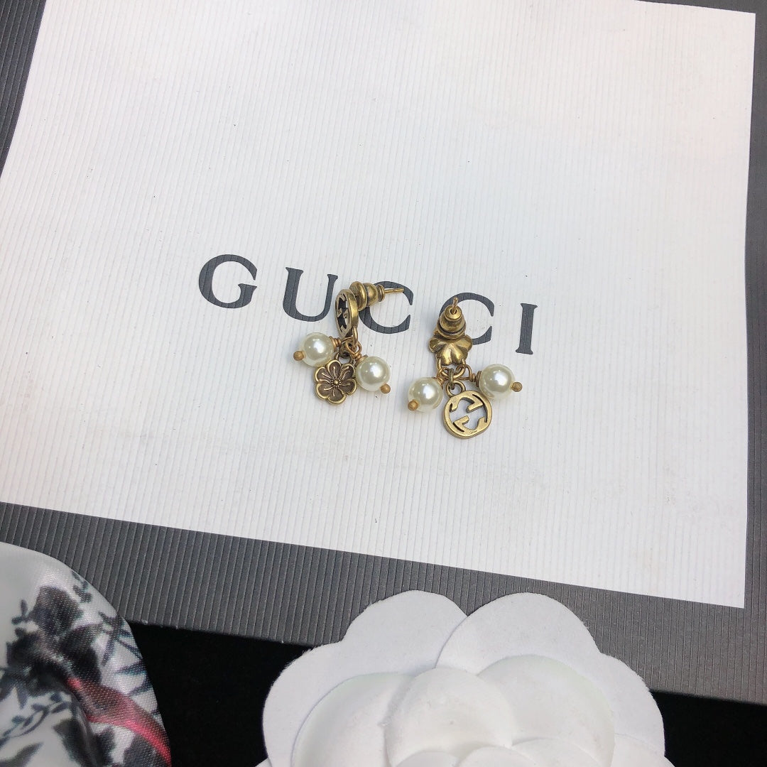 18K Gucci Double Flower & Pearl Pendant Earrings