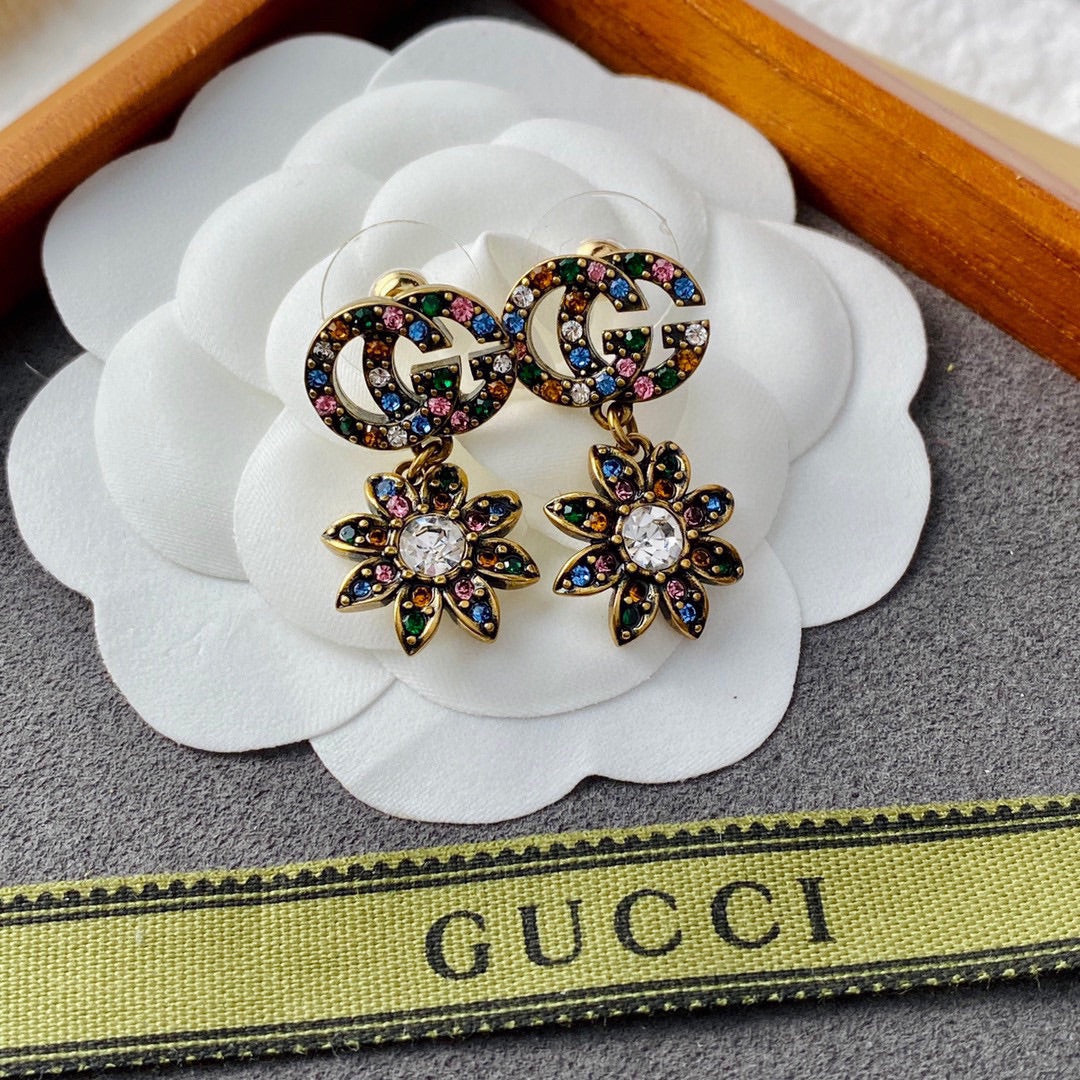 18K Gucci Double Flower Pendant Earrings