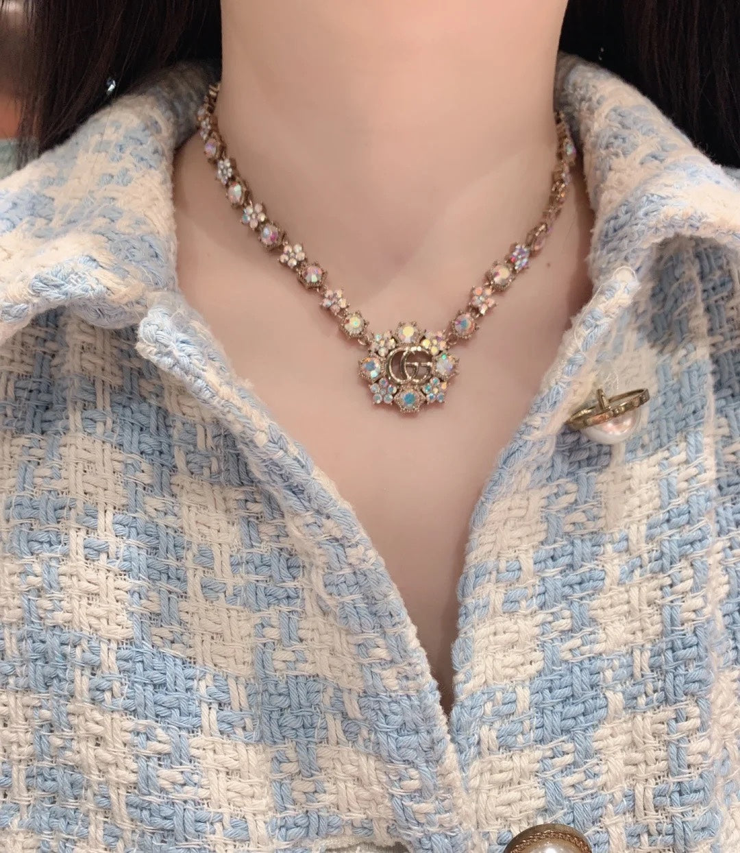 18K Gucci Double Crystals Chain Choker Necklace