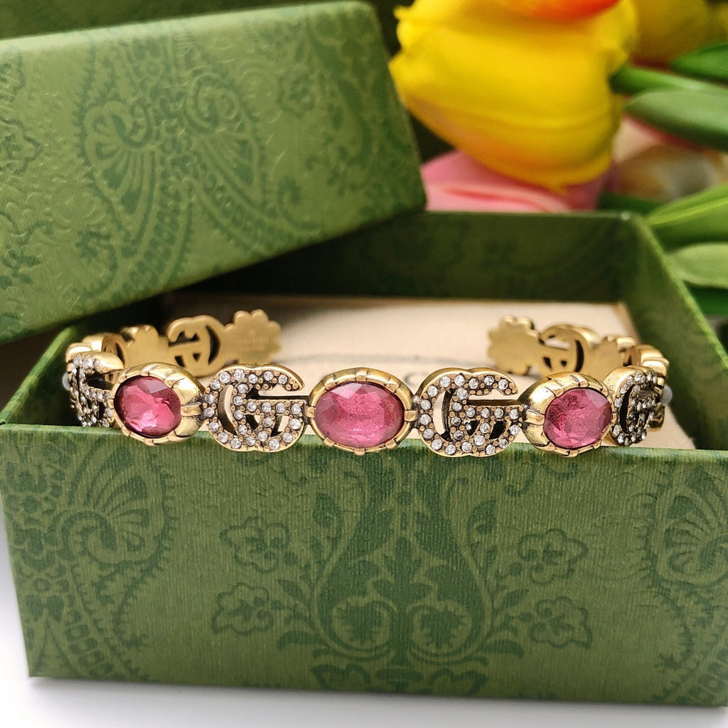 18K Gucci Double Red Crystals Open Cuff Bracelet