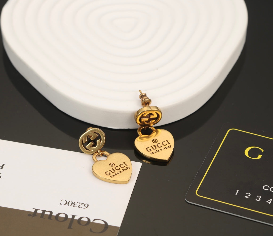 18K Gucci Double Heart Pendant Earrings