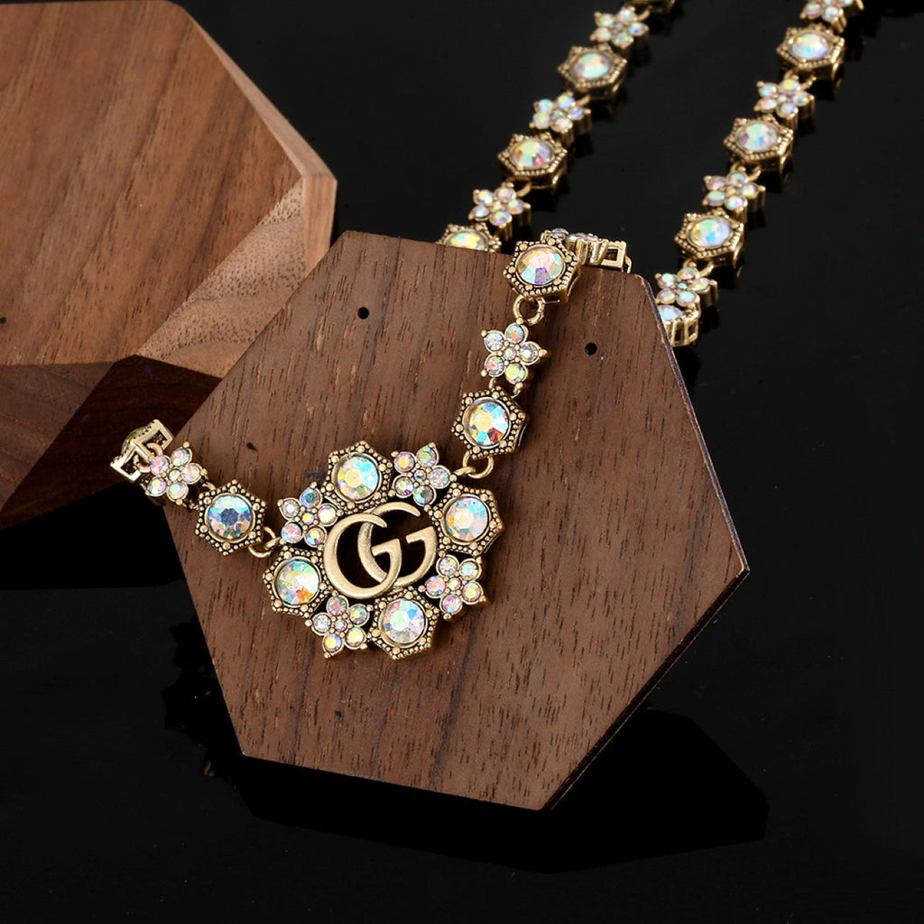 18K Gucci Double Crystals Chain Choker Necklace