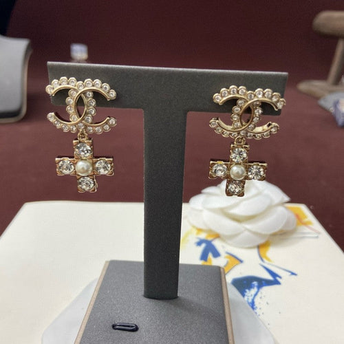 18K Chanel Cross Pearl & Diamond Earrings