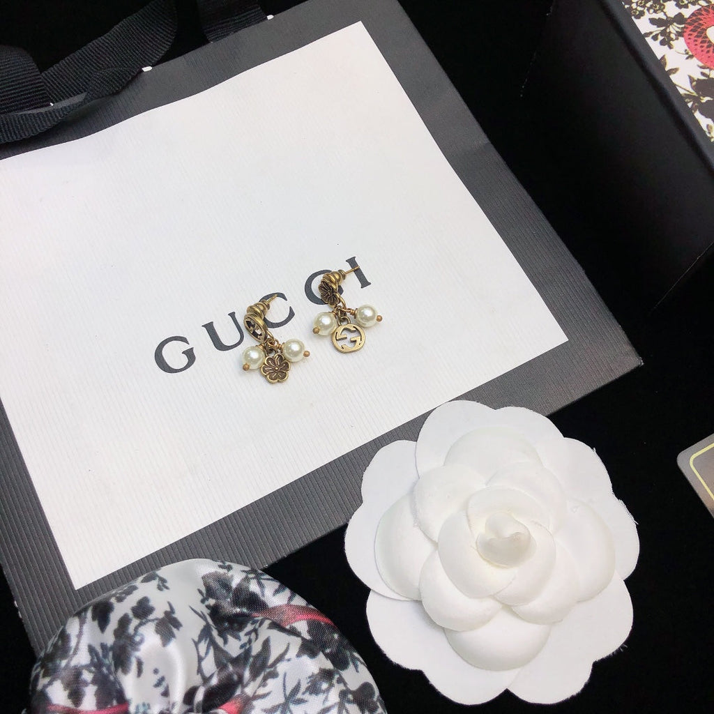 18K Gucci Double Flower & Pearl Pendant Earrings