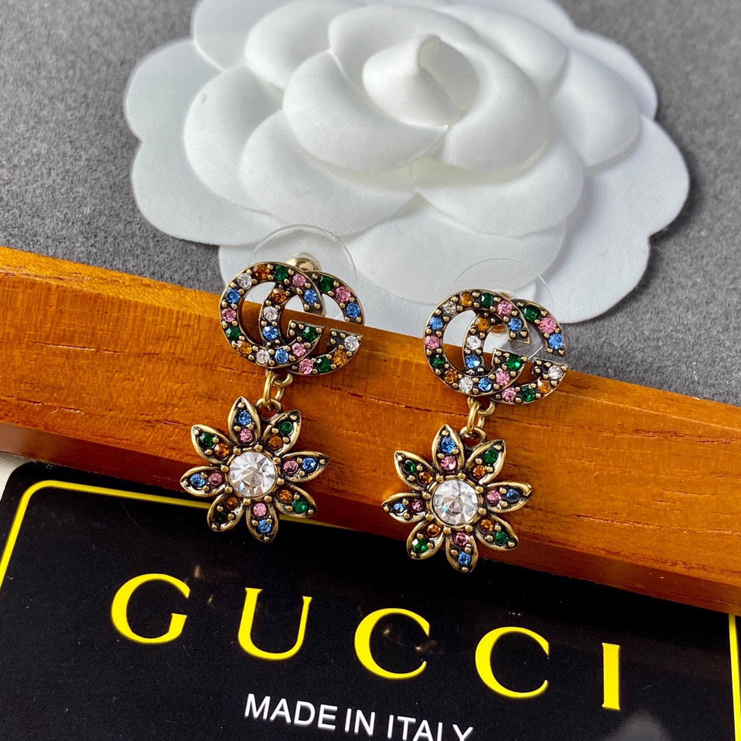 18K Gucci Double Flower Pendant Earrings