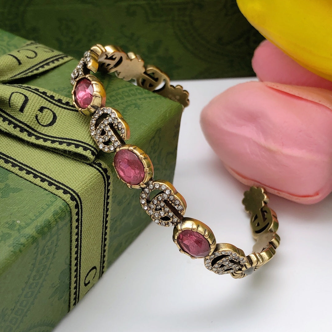 18K Gucci Double Red Crystals Open Cuff Bracelet