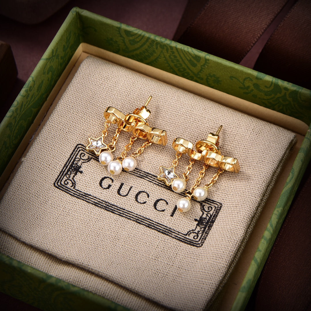 18K Gucci Double Script Pearl Earrings