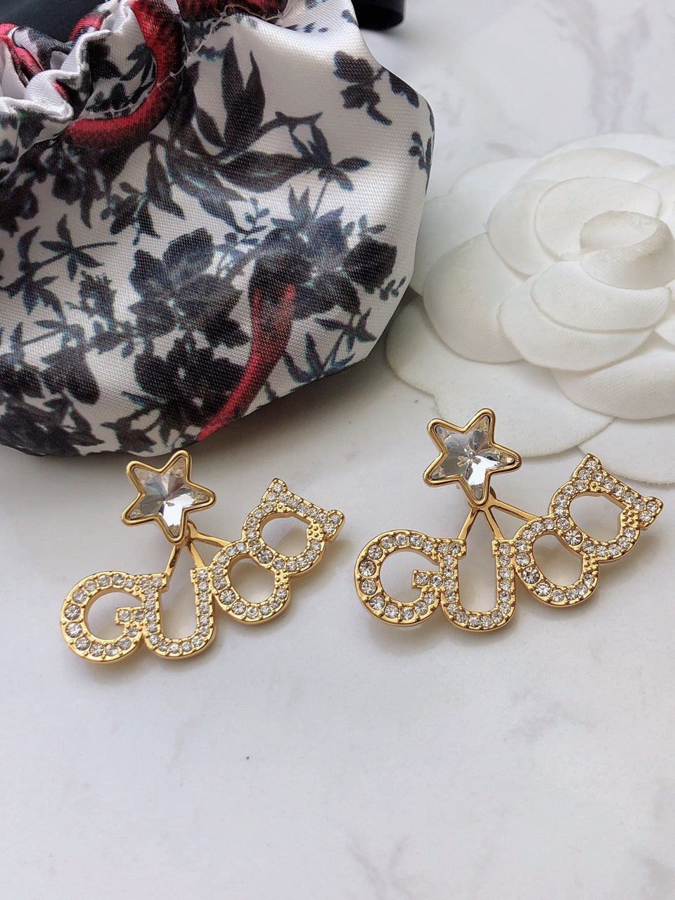 18K Gucci Double Script Star Earrings