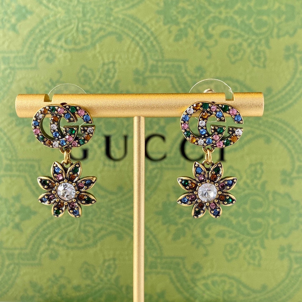 18K Gucci Double Flower Pendant Earrings