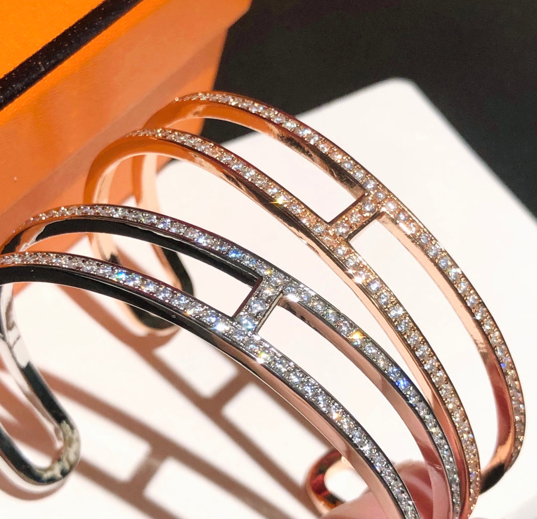 18K Hermes Ever Chain D¡ ̄ancre Cuff Diamond Bracelet