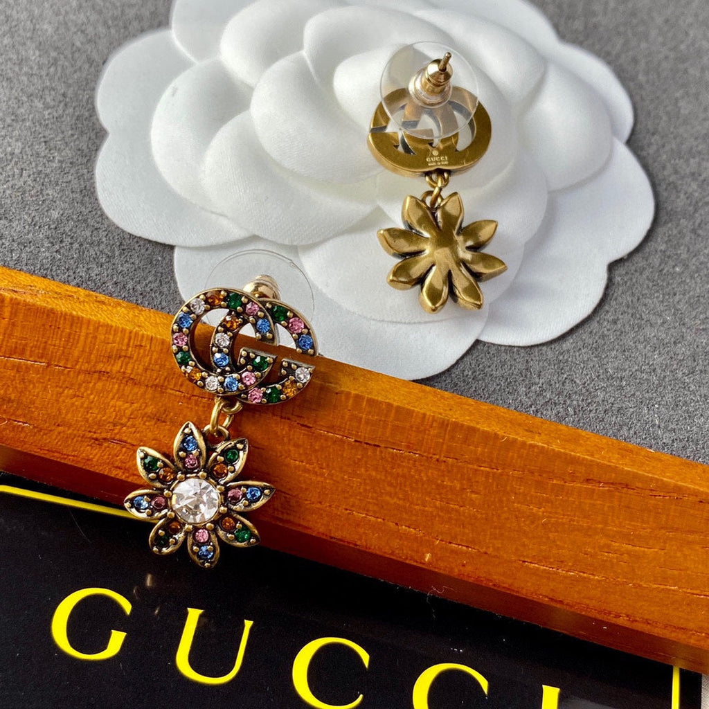 18K Gucci Double Flower Pendant Earrings